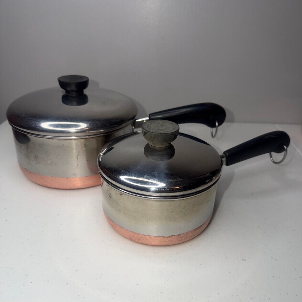 Revere Ware Copper Bottom Stainless Steel 2 qt & 1 qt Pots Lids 1801 Made in USA